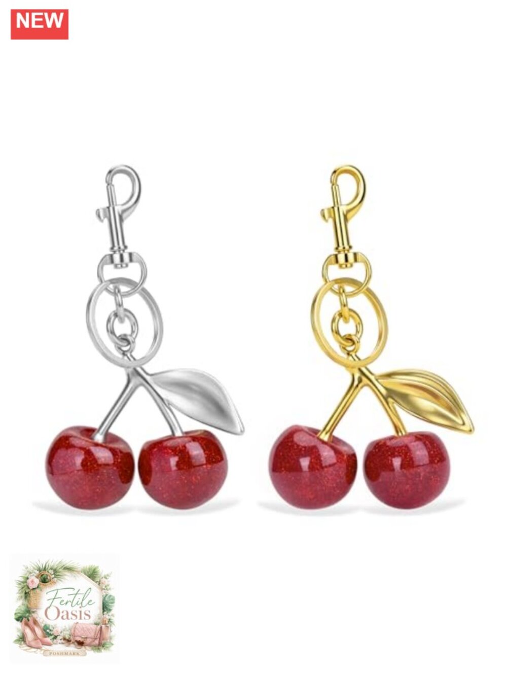 2 Pack Cherry Bag Charm Keychain, Resin & Metal Purse Accessory for Women